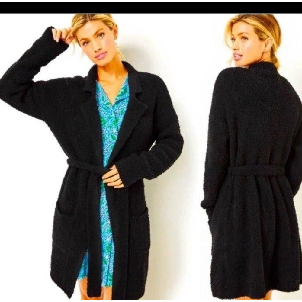 Lilly Pulitzer Dalvin Cardigan Women Medium Black New Sherpa Belted Wrap Jacket